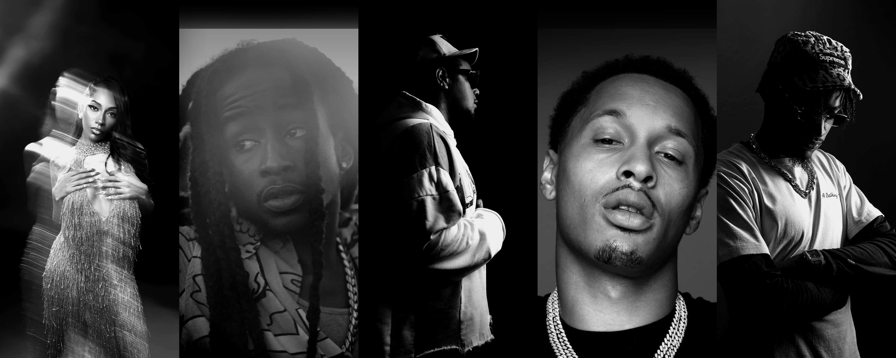 The Praxis Society Music roster — five artists, black and white